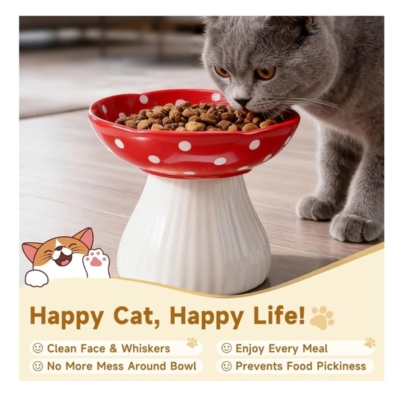 BlackMushroom Raised Cat Bowl, Cute Polka Dot Safety Ceramic Elevated Cat Bowl. - Picture 3 of 3
